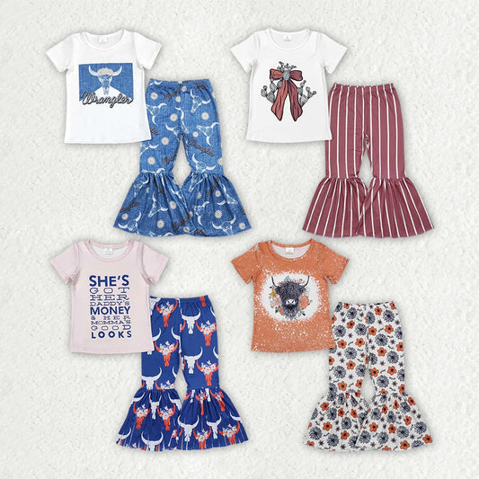 Sibling Baby Girls Western Shirts Top Bell Bottom Pants Outfits