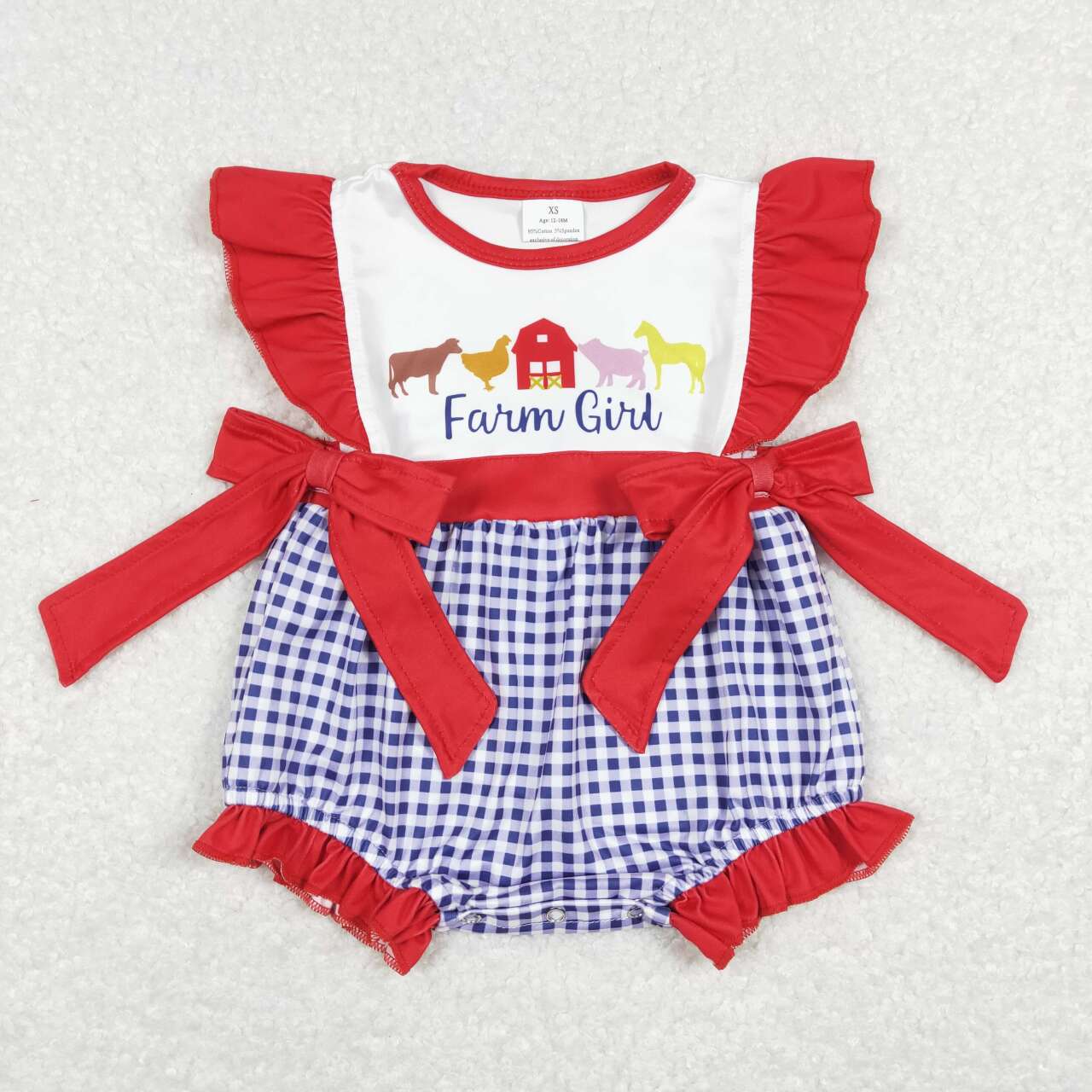 SR0696 Farm Animal Red House Blue plaid Red Lace bow vest onesie