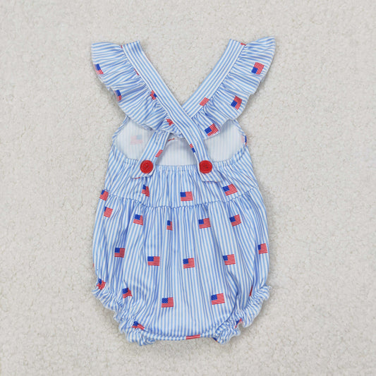 SR2921 Baby Infant Girls Blue Stripe Flutter Sleeves Flags Bow Top 4th Of July Romper
