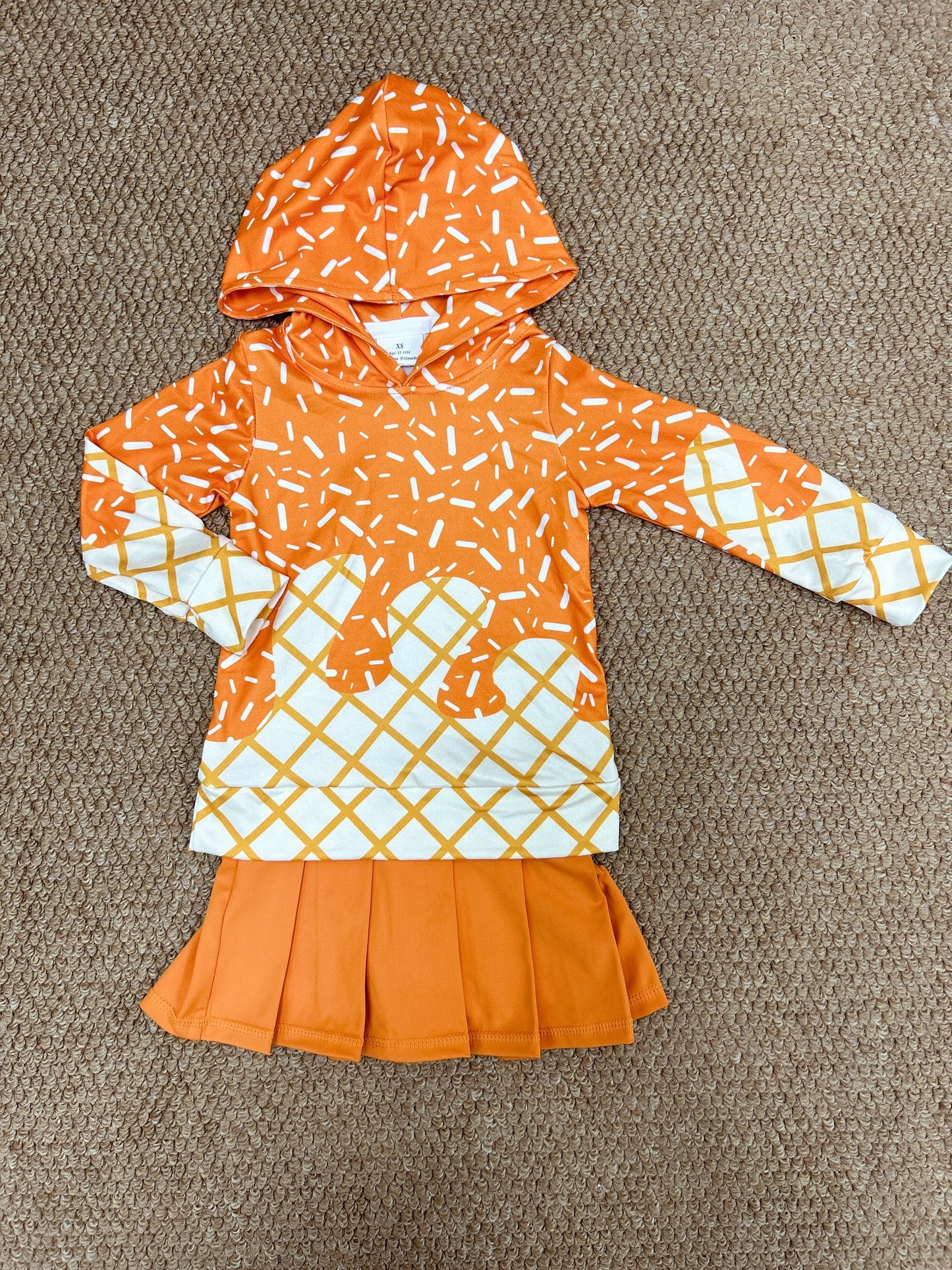 BT1274+GLK0109 Baby Girls Orange Drip Hoodie Top Yoga Skort Team Sets 8.2