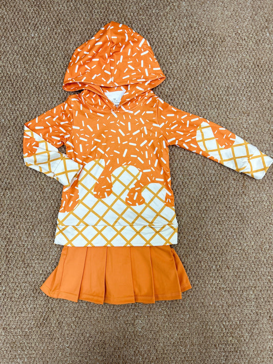 BT1274+GLK0109 Baby Girls Orange Drip Hoodie Top Yoga Skort Team Sets 8.2