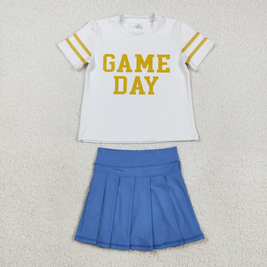 GT1101+GLK0084 Baby Girls Vinyl Gold Game Day Top Blue Pleated Skorts Yoga Active Team Set C8.23