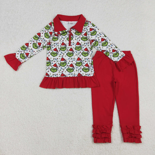 GLP2714 Baby Girls Christmas Lights Green Faces Plaid Zipper Pullover Legging Pants Set C10.16