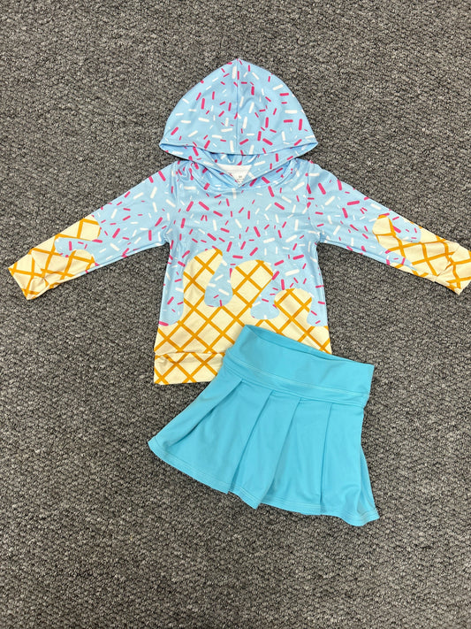 BT1270+GLK0082 Baby Girls Light Blue Drip Hoodie Top Yoga Skort Team Set 7.30