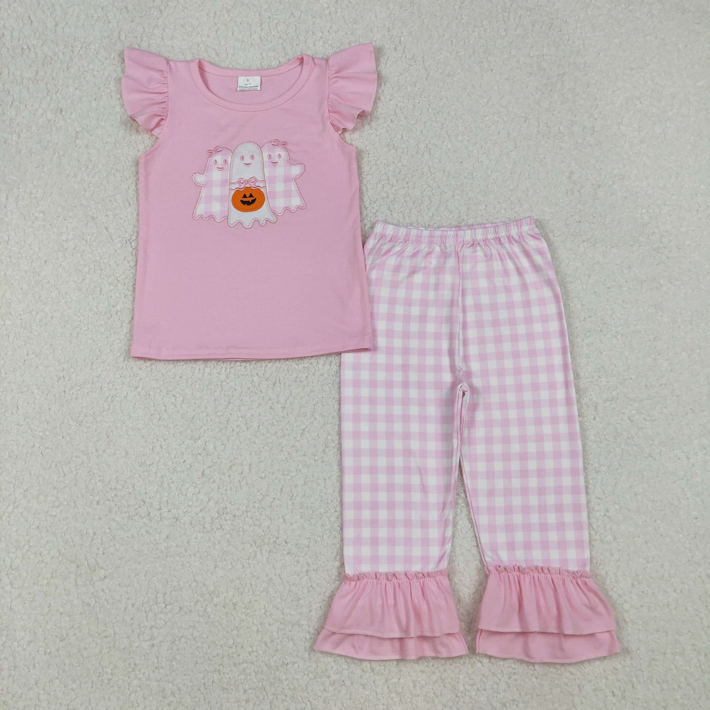 GSPO2058 Embroidery Baby Girls Ghosts Pumpkins Top Plaid Pant Halloween Set C9.19