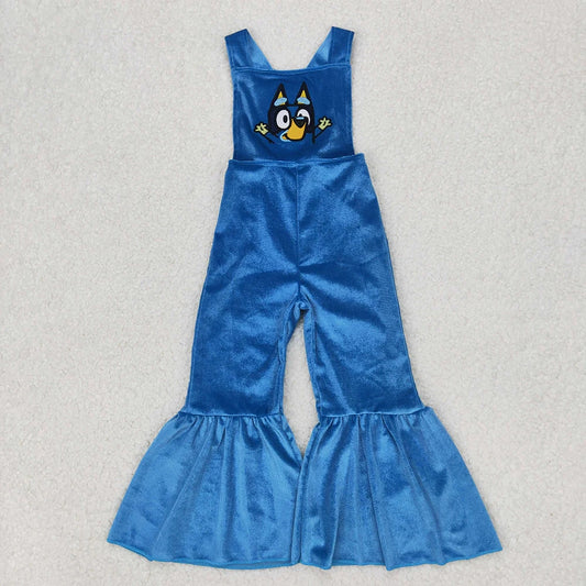 Sibling Sister Baby Girls Straps Dog Embroidery Velvet Jumpsuits