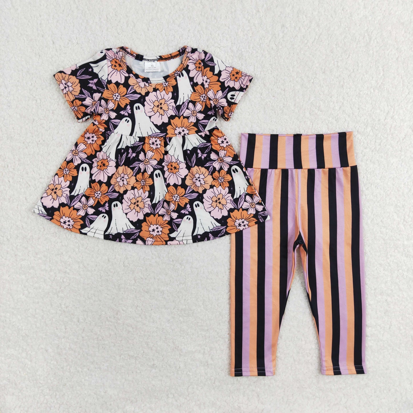 GSPO1617 Halloween Flower Ghost Short sleeve Purple orange black striped pantsuit