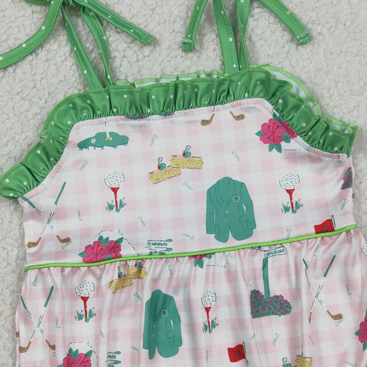 RTS SR3868 Baby Girls Strap Pink Checked Golf Flags Ruffle Rompers