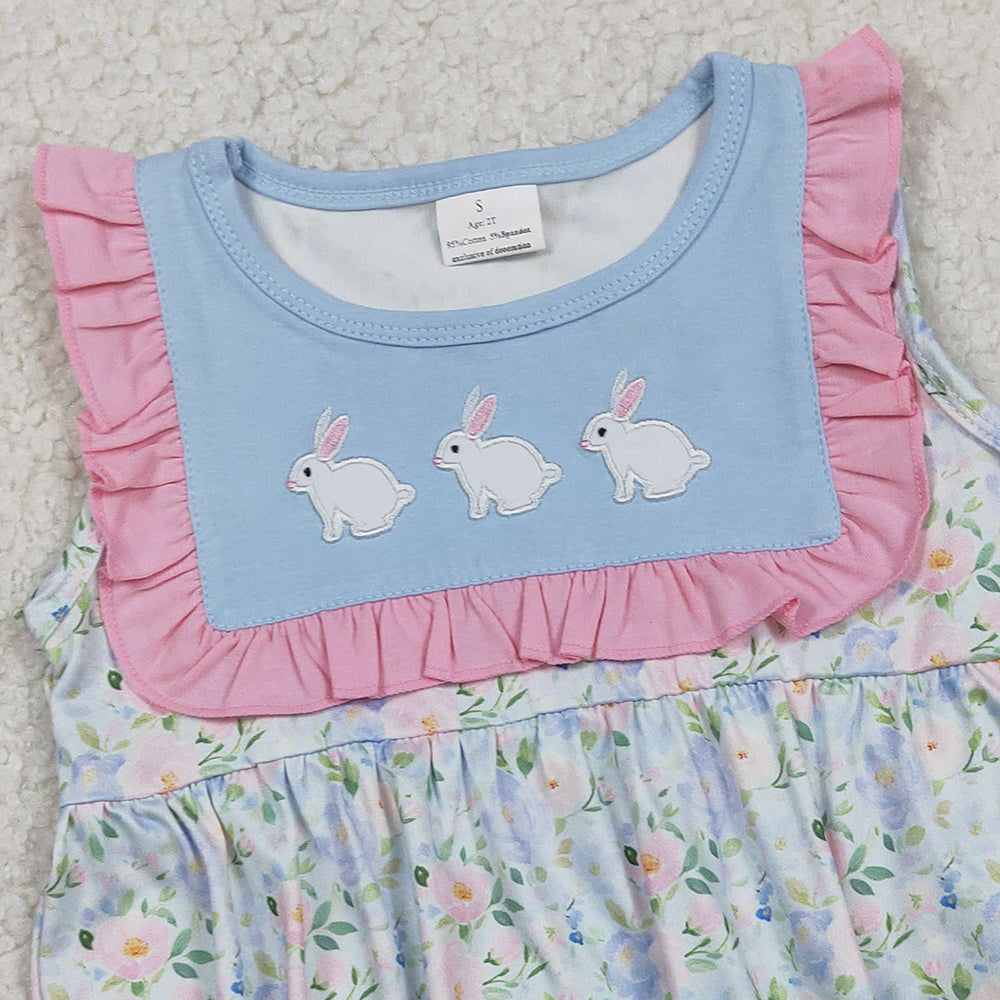 RTS SR3271 Embroidery Rabbits Baby Girls Flowers Easter Ruffle Rompers
