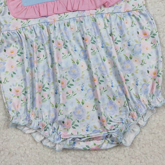 RTS SR3271 Embroidery Rabbits Baby Girls Flowers Easter Ruffle Rompers