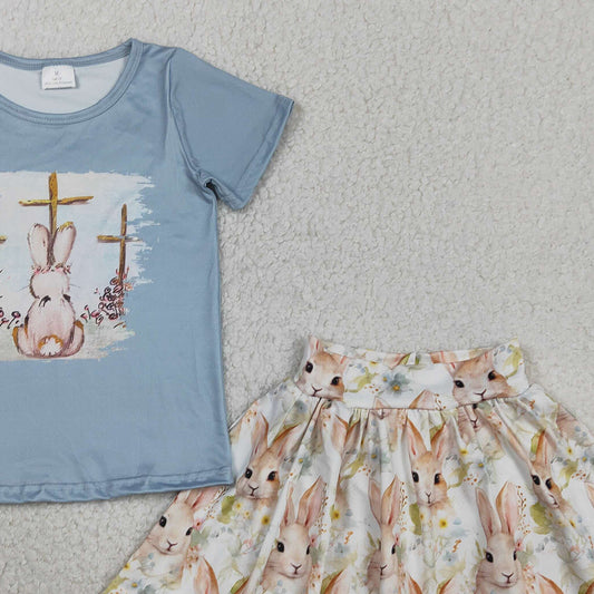 RTS GSD3486 Baby Girls Short Sleeve Crosses Rabbit Top Skirt Shorts Easter Clothes Sets