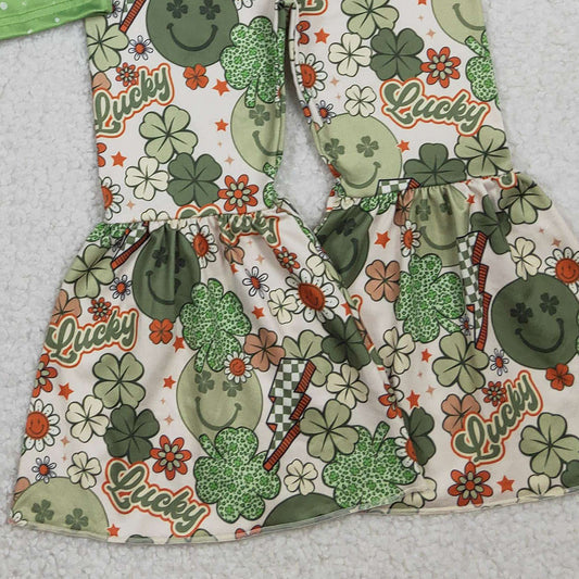 RTS GSPO1876 Kids Summer Top With Long Pants Baby Girls Smile Clovers Shirt Top Bell Pants St Patrick Clothes Sets