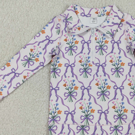 RTS GT1371 Baby Girls Purple Bows Flowers Checked Yoga Active Zipper Pullovers Top