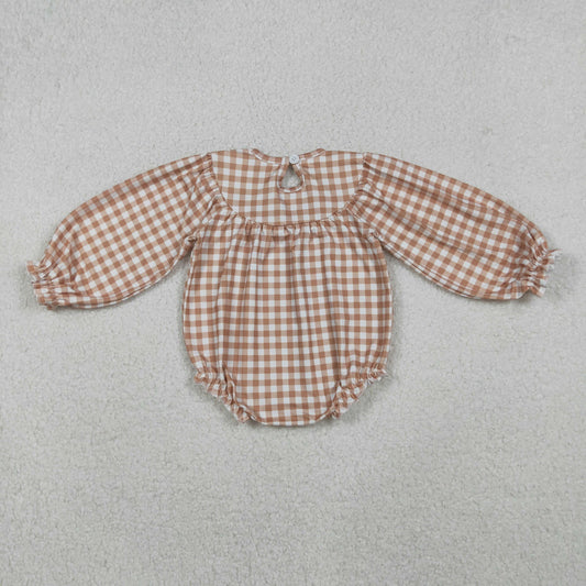 LR2205 Baby Girls Long Sleeves Khaki Plaid Smocked Turkey Leaves Ruffle Romper C10.23
