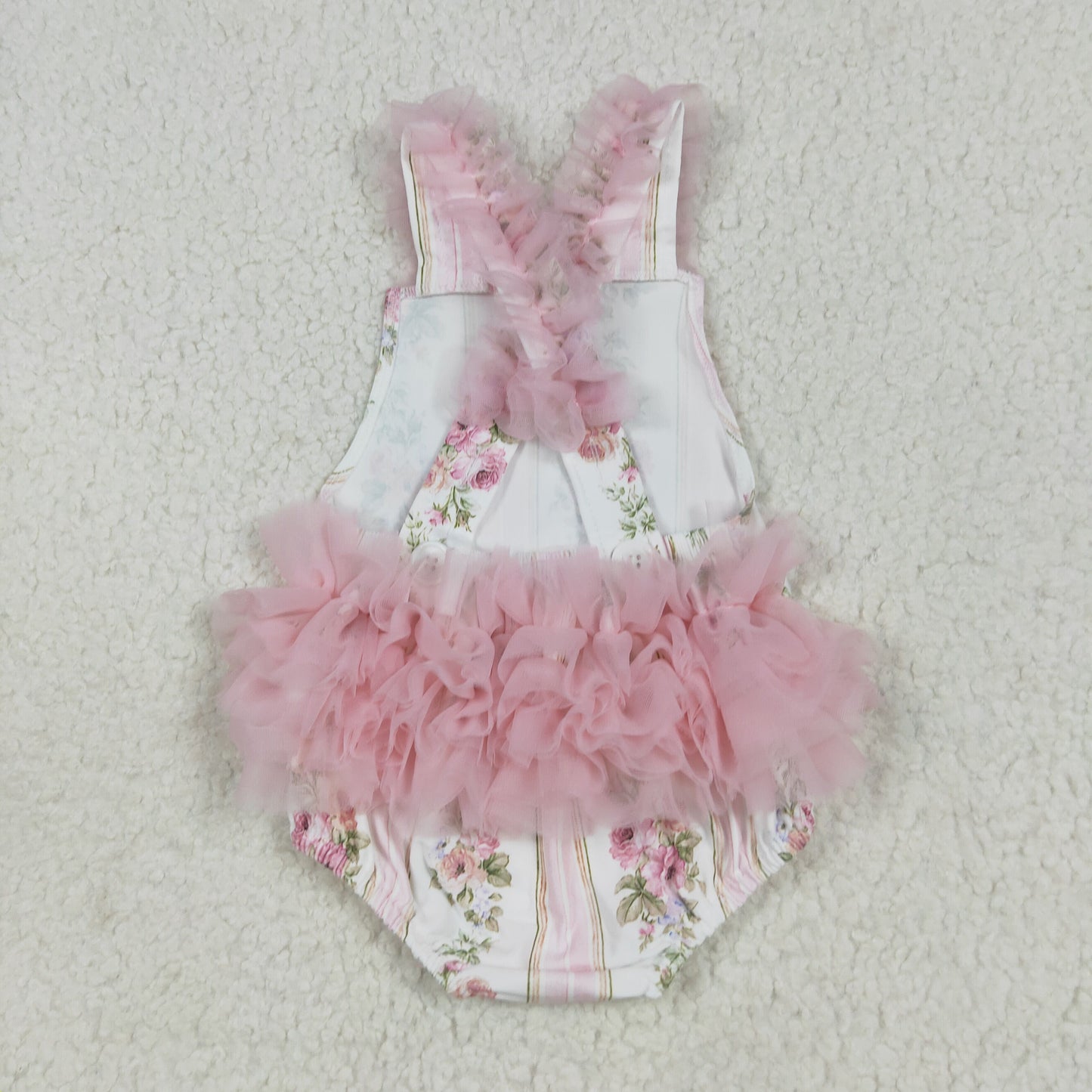 SR2964 Baby Infant Girls Pink Tulle Strap Floral Stripe Ruffle Romper 7.8
