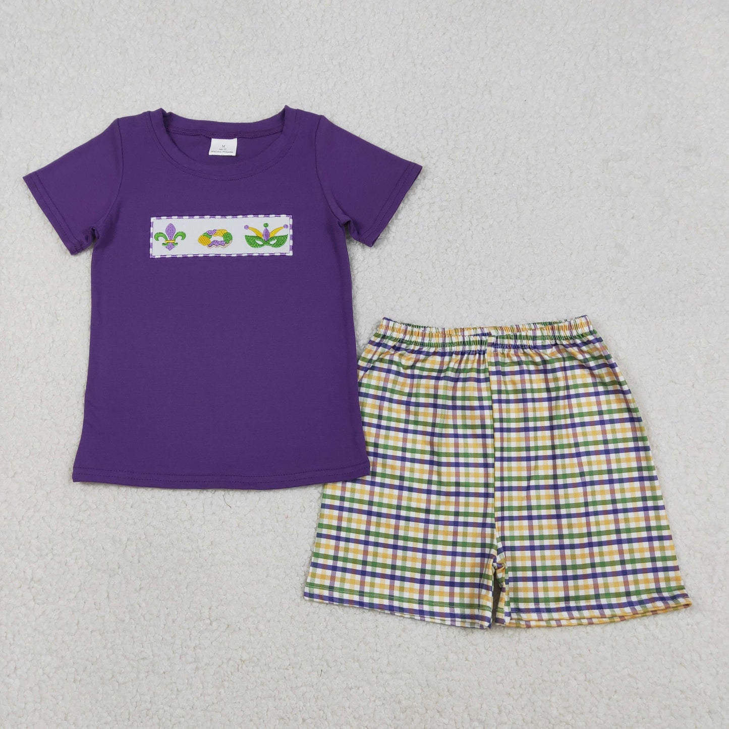 BSSO1603 Embroidery Anchor Donuts Baby Boys Mardigras Top Checked Shorts Clothes Set C12.16