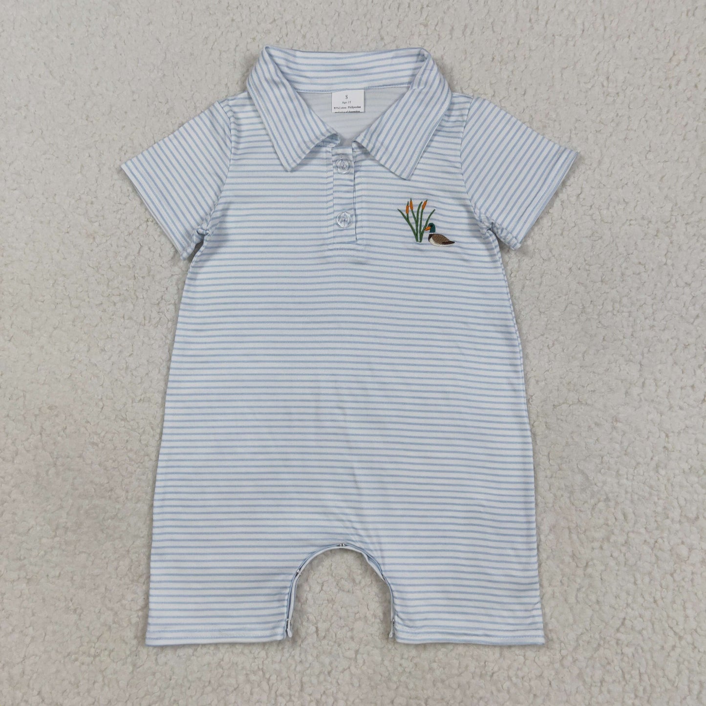 SR3149 Embroidery Baby Boys Blue Stripe Short Sleeves Duck Button Shorts Romper 7.23