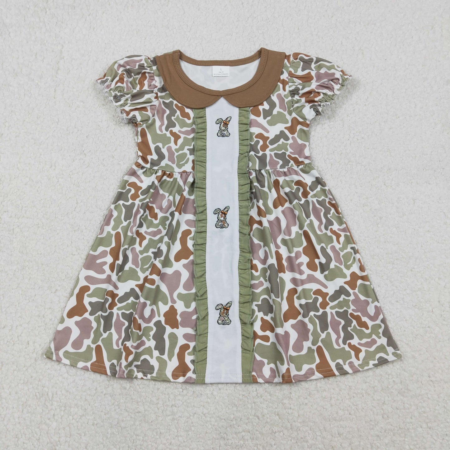 GSD2852 Embroidery Baby Girls Olive Camo Rabbits Bows Easter Ruffle Knee Length Dress C11.29