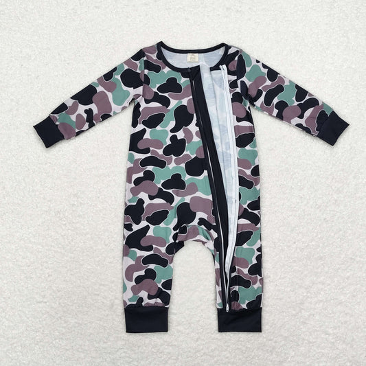 LR1460 Bamboo brown green black camouflage beige zip-up long-sleeved onesie