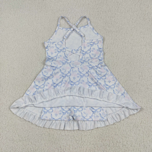 GSD2580 Baby Girls Strap Blue Bows Floral Yoga Ruffle Knee Length Dress 4.22