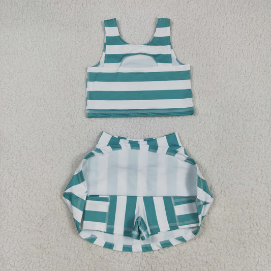 GSD2432 Baby Girls Sleeveless Green Stripe Top Skort Yoga Set 5.10
