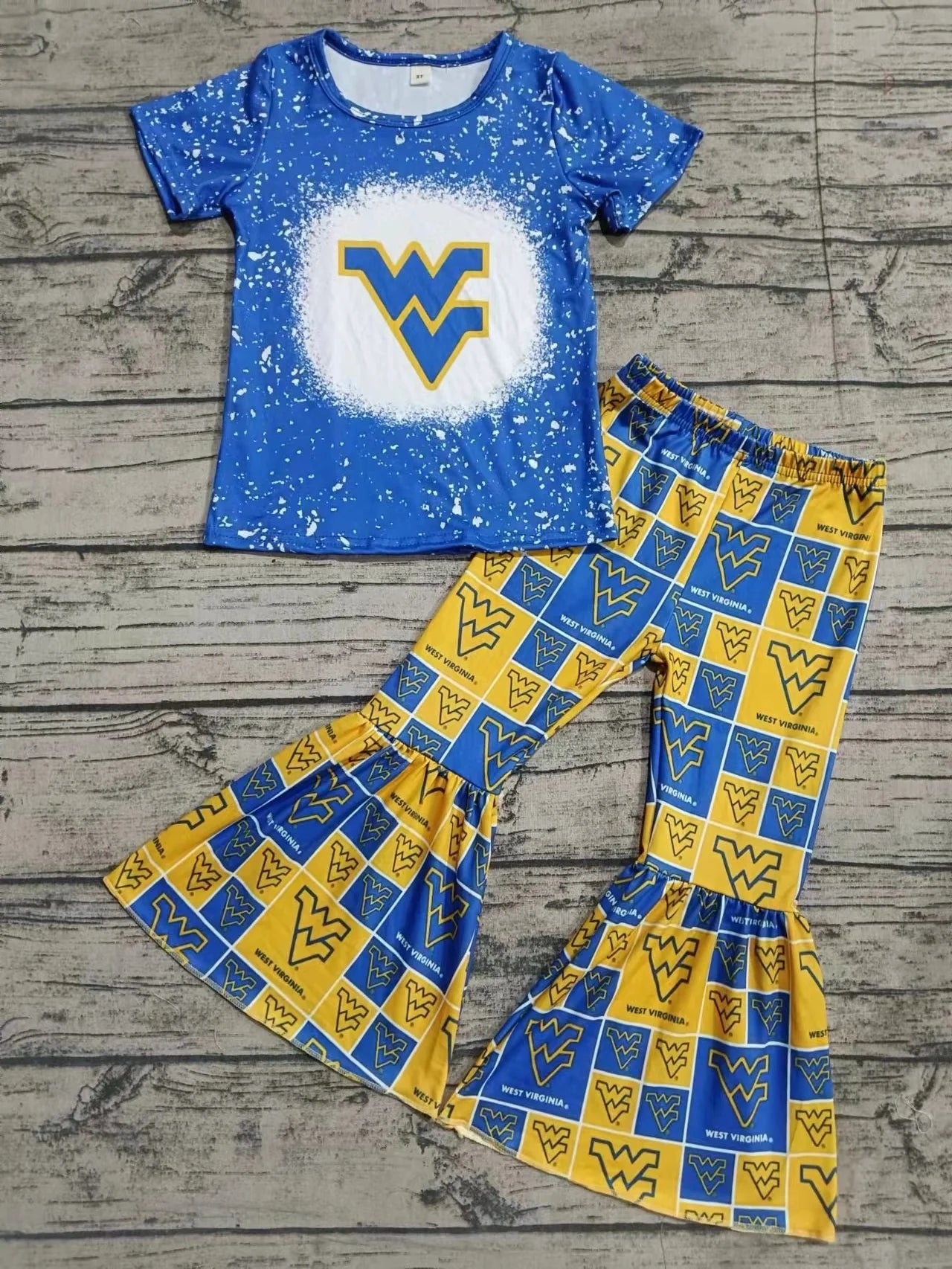 Baby Girls Blue Yellow Cheer Team Top Bell Pants Clothes Sets preorder(MOQ 3)