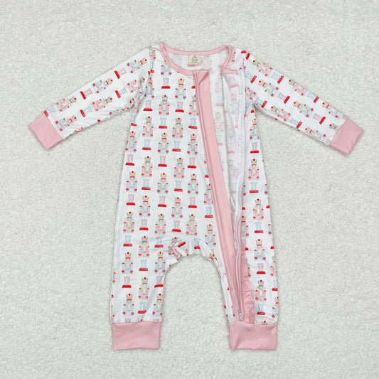LR1185 Baby Infant Girls Pink Christmas Soldier Zip Bamboo Rompers