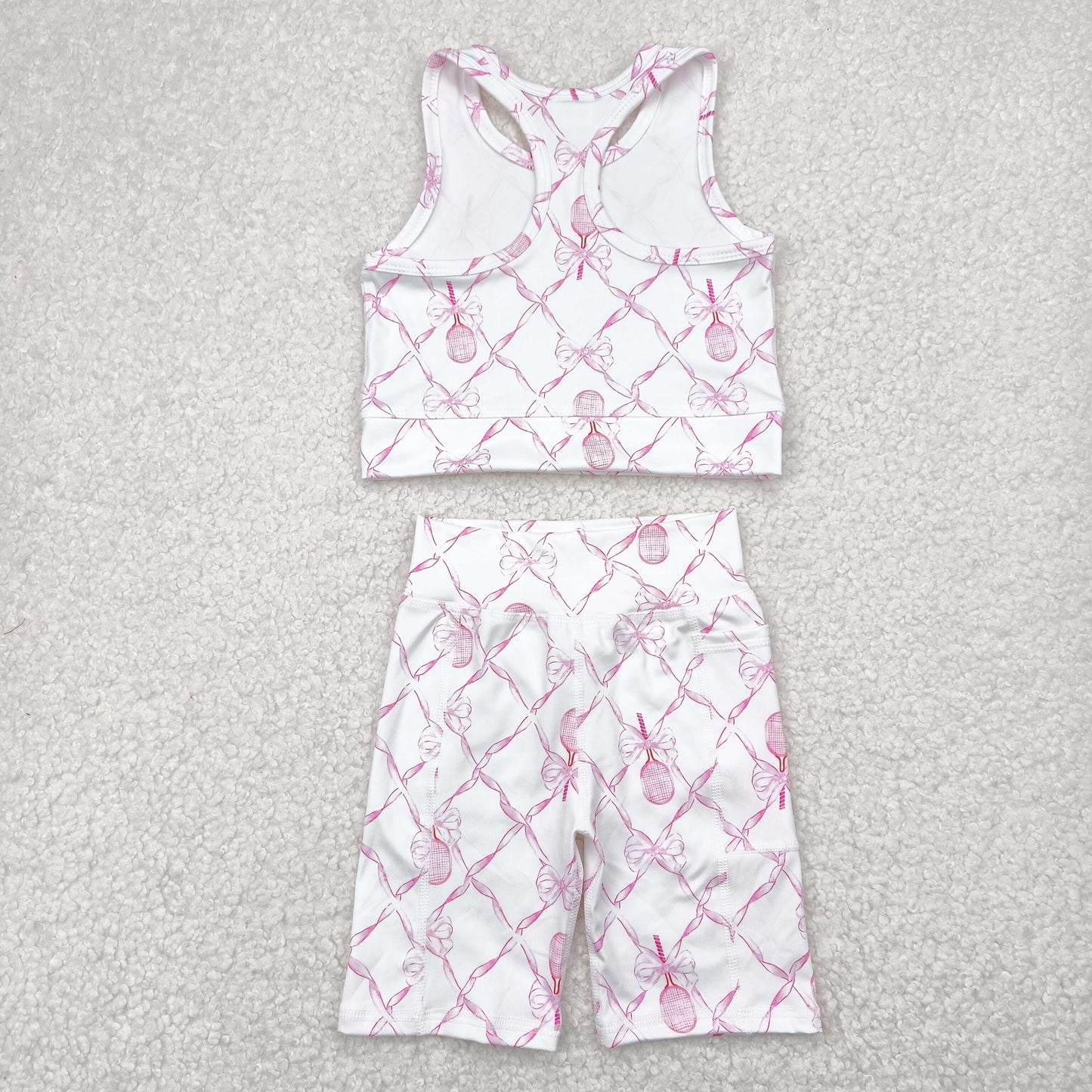 GT0883+SS0397 Baby Girls Pink Tennis Bow Yoga Vest Short Active Wear Clothes Set 4.30