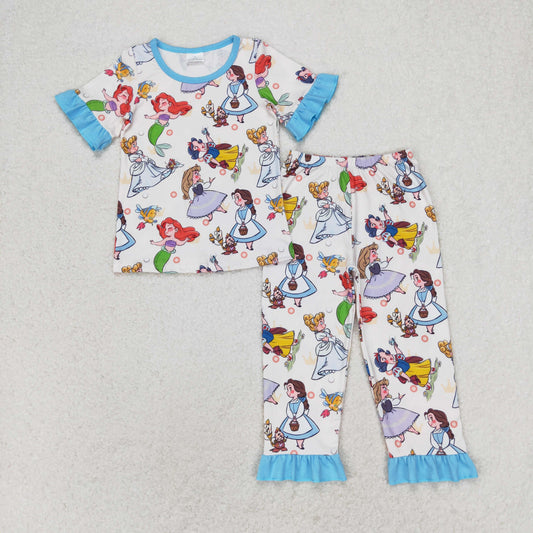 GSPO1556 Baby Girls Mermaid Cartoon Tee Shirts Top Ruffle Pants Pajamas Clothes Set