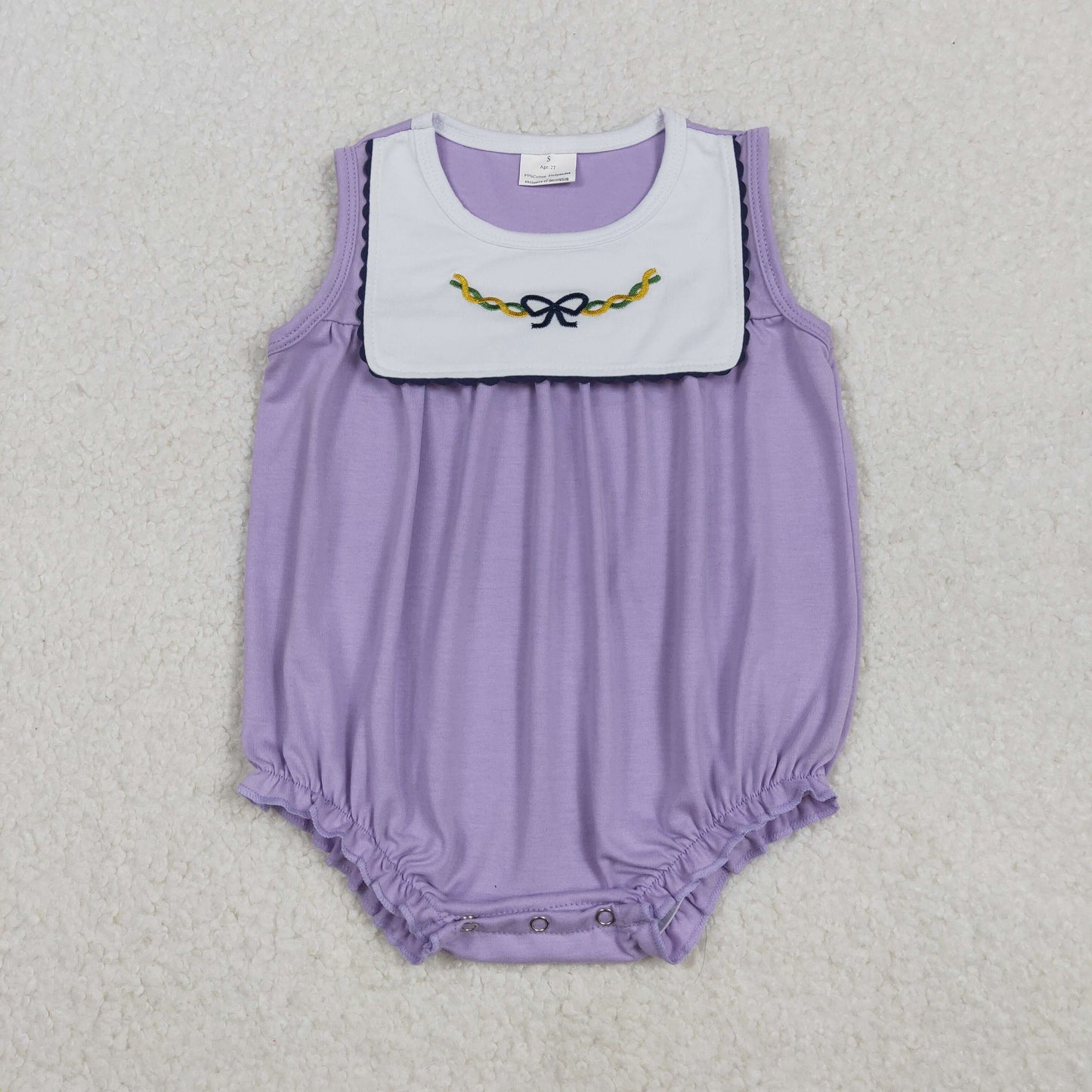 SR3235 Embroidery Baby Girls Sleeveless Mardigras Bows Ruffle Romper C11.6