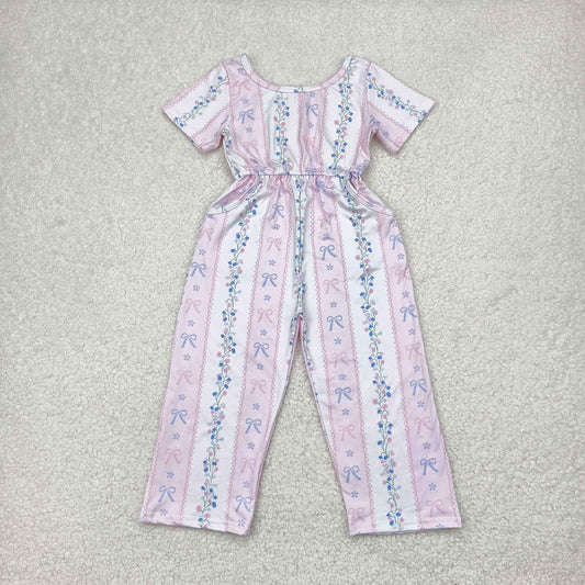 SR2941 Baby Girls Pink Short Sleeves Bows Floral Pockets Jumpsuit