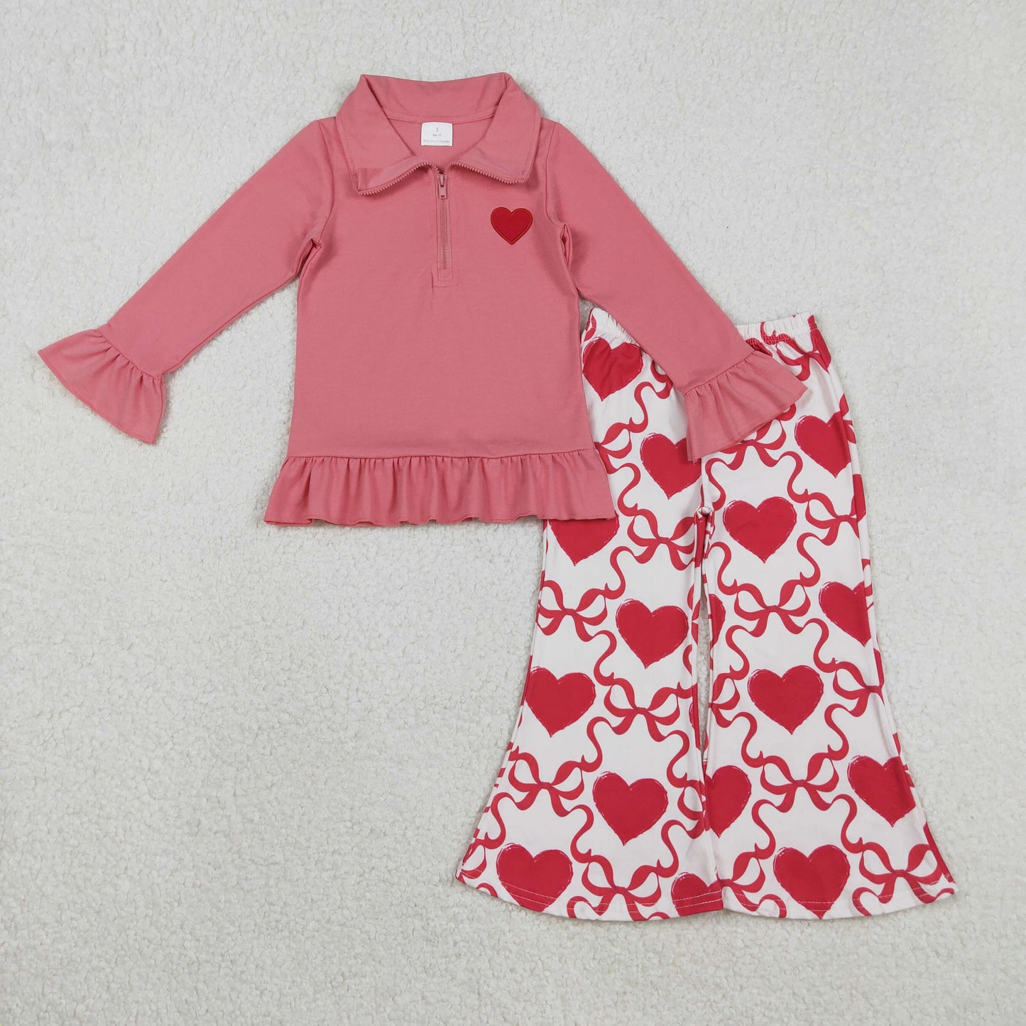 GT1271+P0895 Embroidery Heart Baby Girls Pink Zipper Pullovers Bell Bottom Pants Valentine Clothes Set C11.20