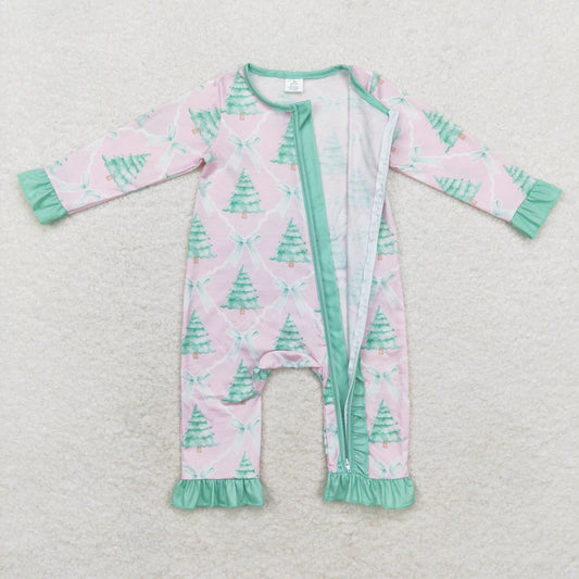 LR1073 Bamboo Christmas tree bow Green lace pink zipper long-sleeved onesie