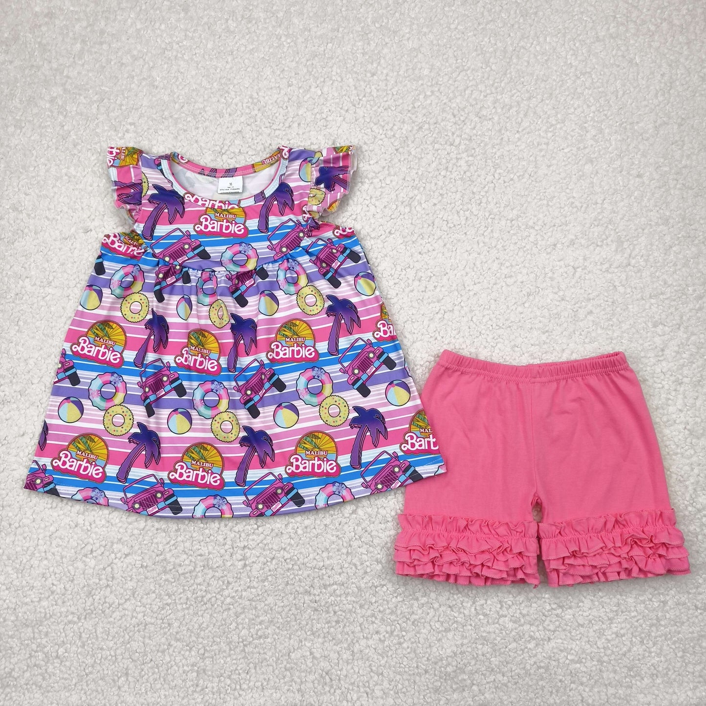 GSSO2362 Baby Girls Pink Stripe Flutter Sleeves Cars Dolls Tunic Ruffle Short Clothes Set 5.5