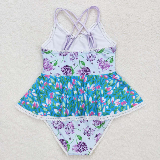 S0246 Purple floral lace teal halter one-piece swimsuit