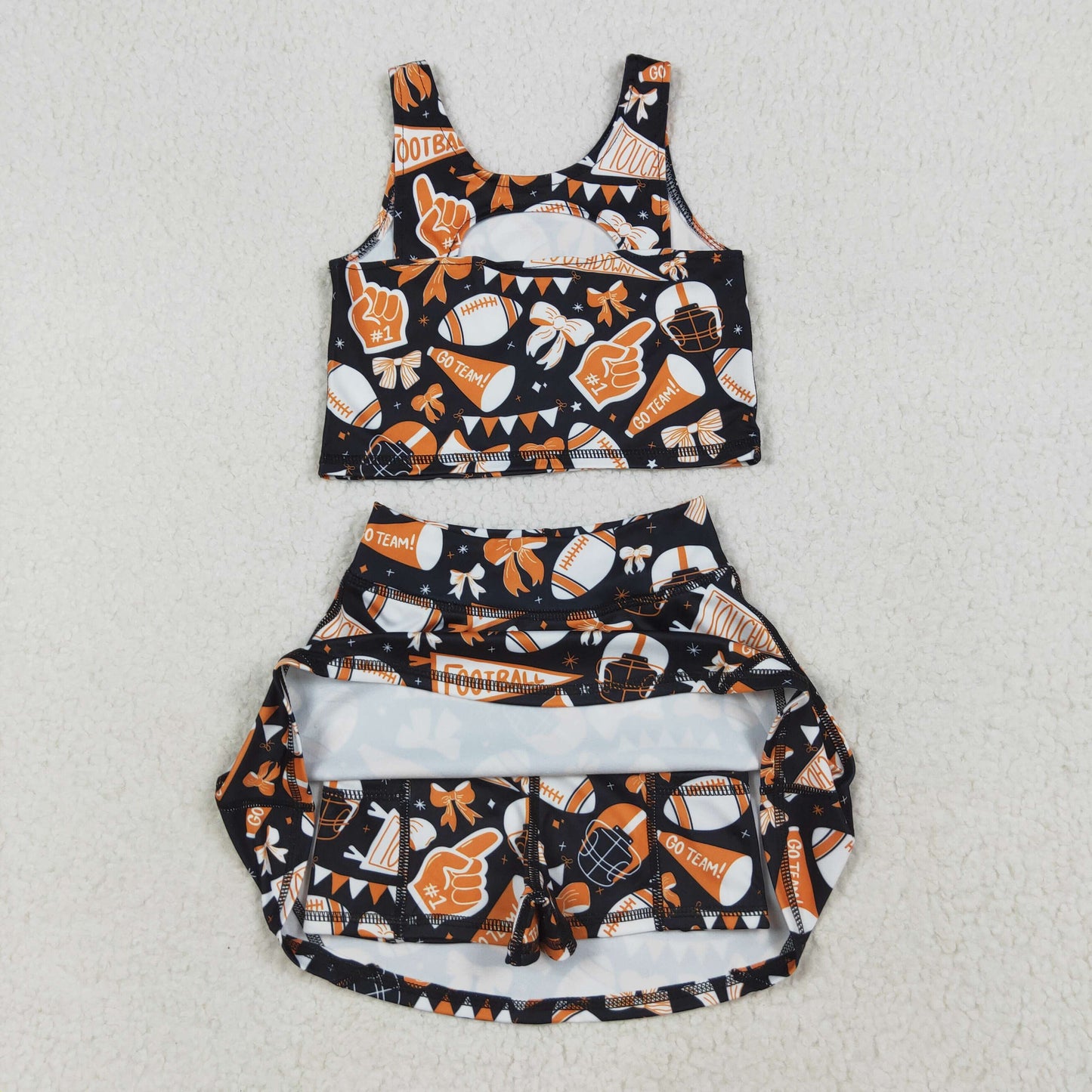 GSD2687 Baby Girls Team Orange Football Bows Vest Top Short Skirts Yoga Set 7.10