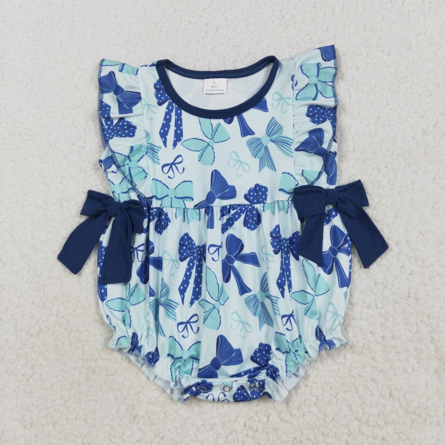SR3121 Baby Girls Hot Blue Flutter Sleeves Bows Ruffle Romper C8.20