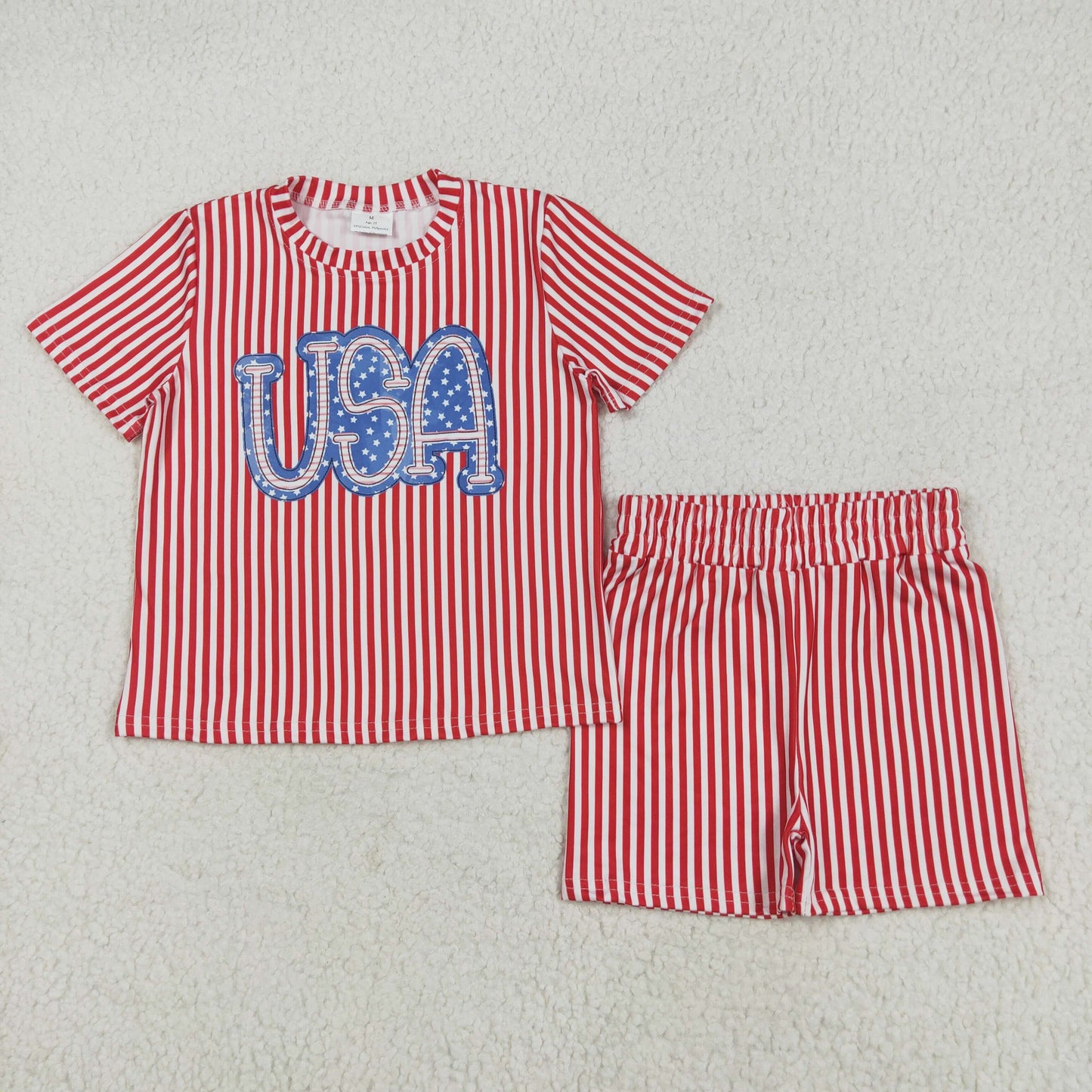 GSSO2577 Baby Girls Red Stripe USA Top Short 4th Of July Pajamas Set 5.16