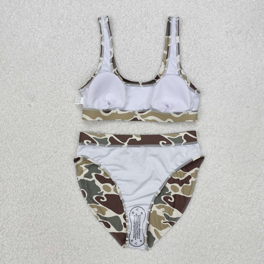 S0476 Adult Women Green Camouflage Top Bottom Bikini Swimsuits Set