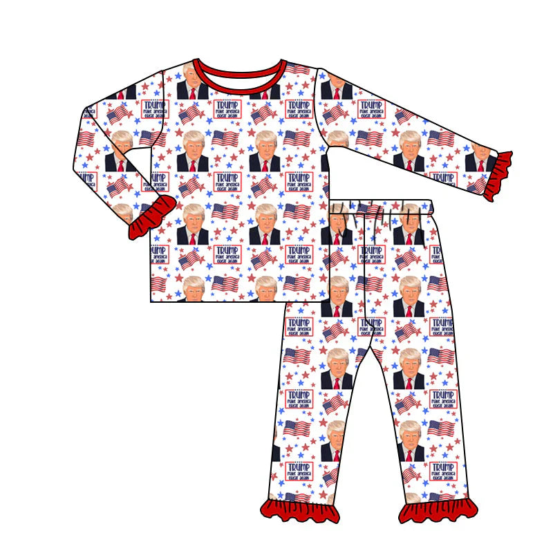 4.14 Custom Baby Girls Long Ruffle Sleeves Trump Flags Top Pant Bamboo Pajamas Set(MOQ 3)