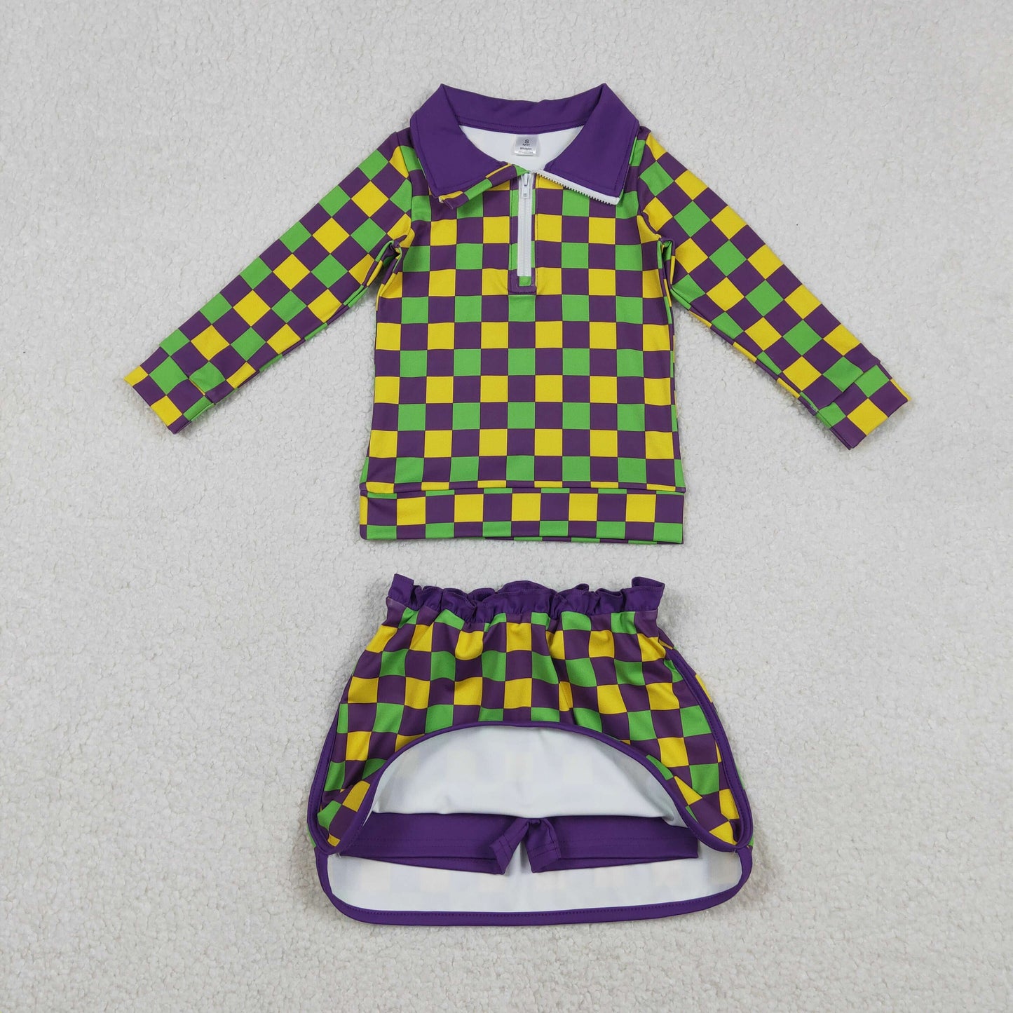 GLD1362 Baby Girls Mardigras Checked Zipper Pullovers Skirt Shorts Yoga Clothes Set C12.15