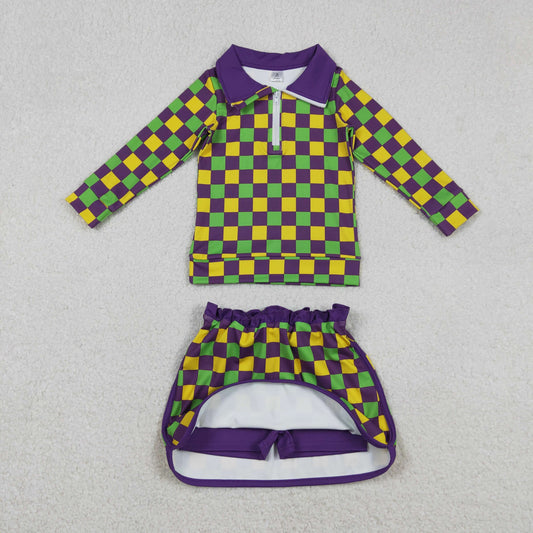 GLD1362 Baby Girls Mardigras Checked Zipper Pullovers Skirt Shorts Yoga Clothes Set C12.15