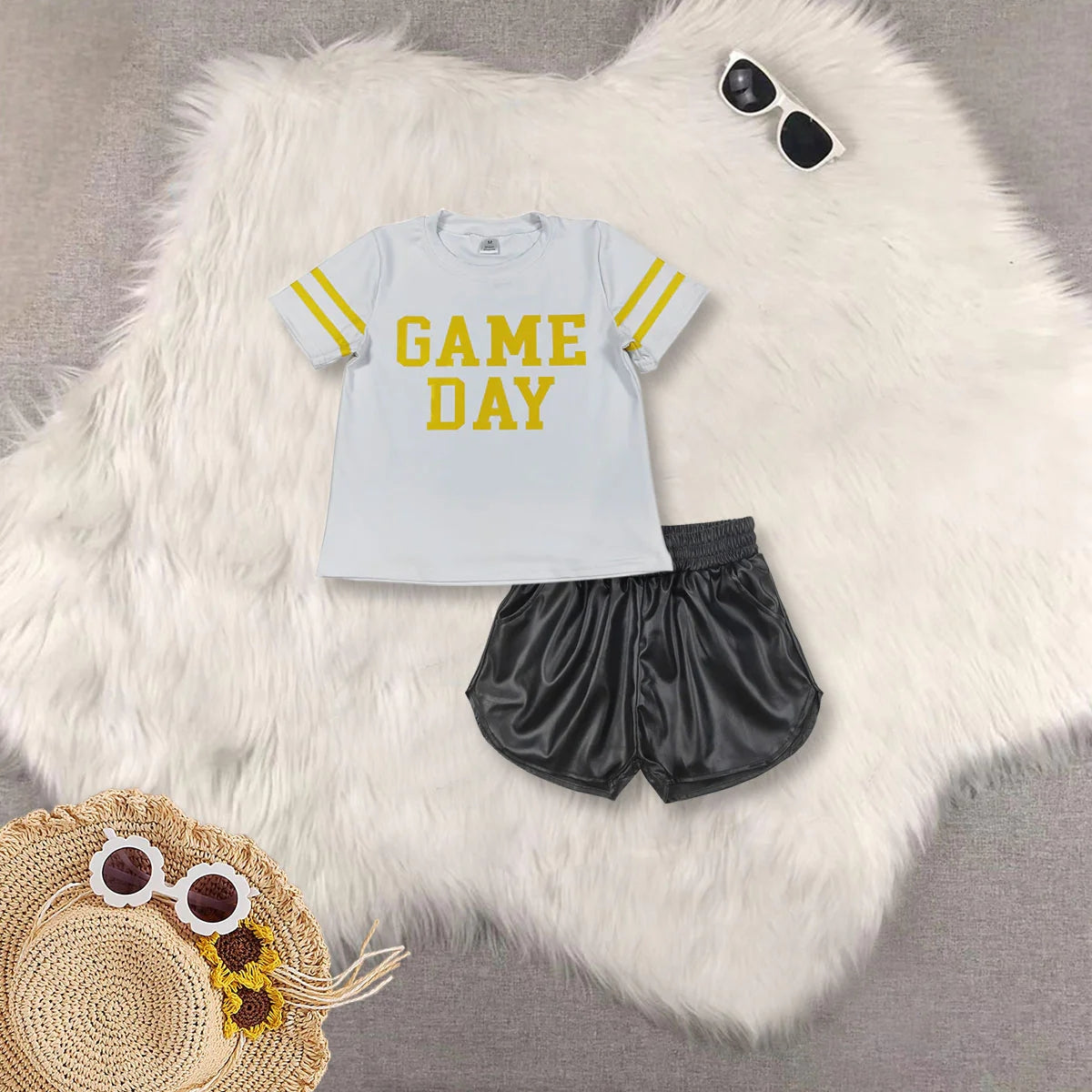 Sibling Baby Girls Vinyl Game Day Tops Metallic Shorts Clothes Sets C8.29