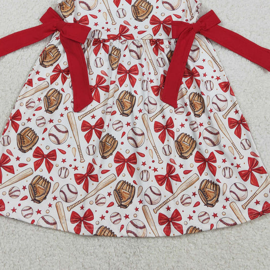 RTS GSD3455 Baby Girls Flutter Sleeve Baseballs Bows Team Knee Length Dresses