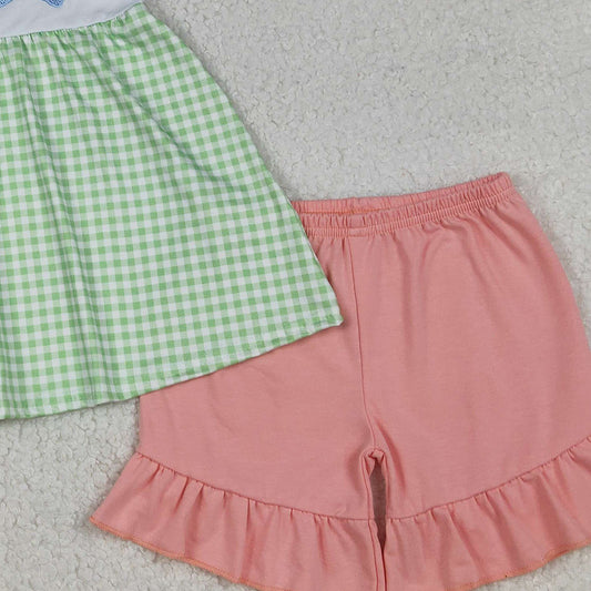 RTS GSSO2981 Baby Girls Summer Clothes Embroidery Strawberry Baby Girls Checked Tunic Ruffle Shorts Clothes Sets