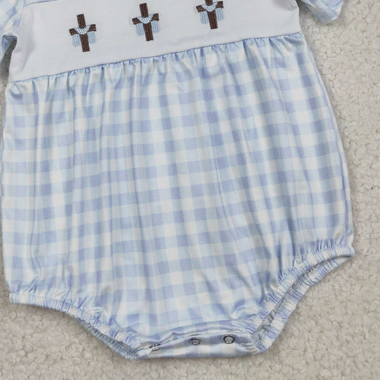 RTS SR3757 Embroidery Crosses Baby Boys Blue Checked Easter Collar Rompers