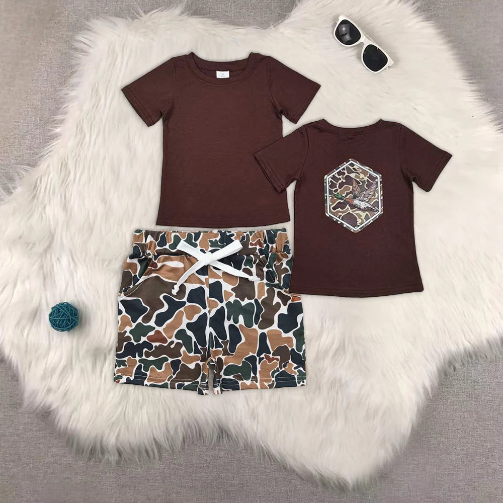 BT1090+SS0359 Baby Boys Brown Short Sleeves Camo Ducks Top Pockets Shorts Western Set 4.24