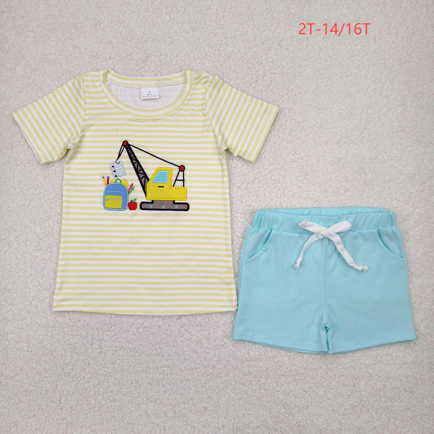 BSSO1417 Baby Boys Yellow Stripe Short Sleeves Excavator Top Blue Pockets Short Clothes Set