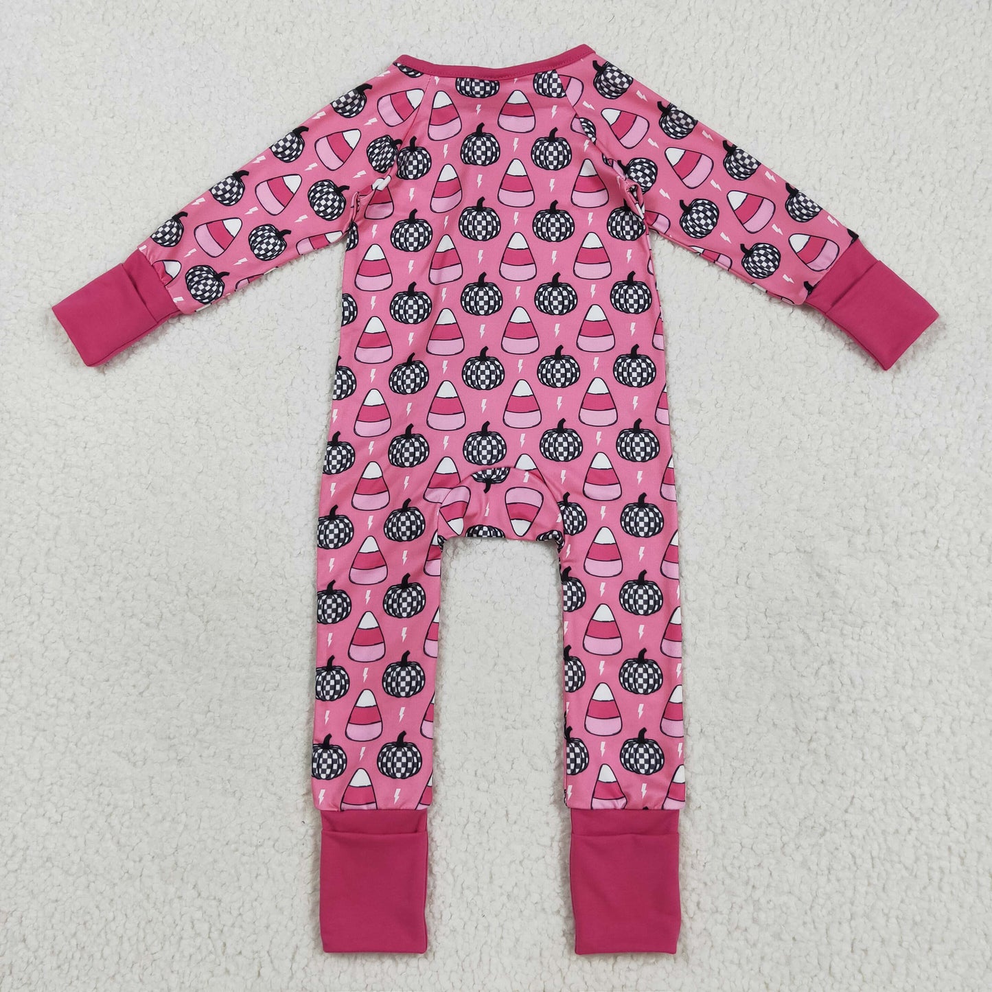 LR2467 Baby Girls Long Sleeves Plaid Pumpkins Candy Zipper Pant Romper C8.21