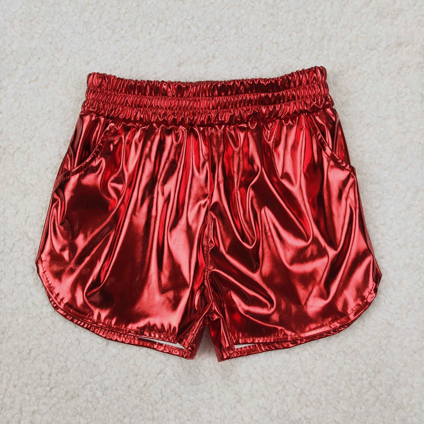 SS0415 Baby Girls Red Pocket Leather Elastic Bottom Shorts